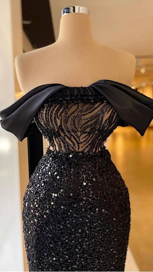 Off Shoulder Glitter Black Evening Dress Sleeveless Glitter Long Mermaid Evening Dress cc77