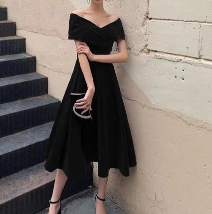 Green Velvet Off Shoulder Vintage Style Bridesmaid Dress, Tea Length Party Dress C1100