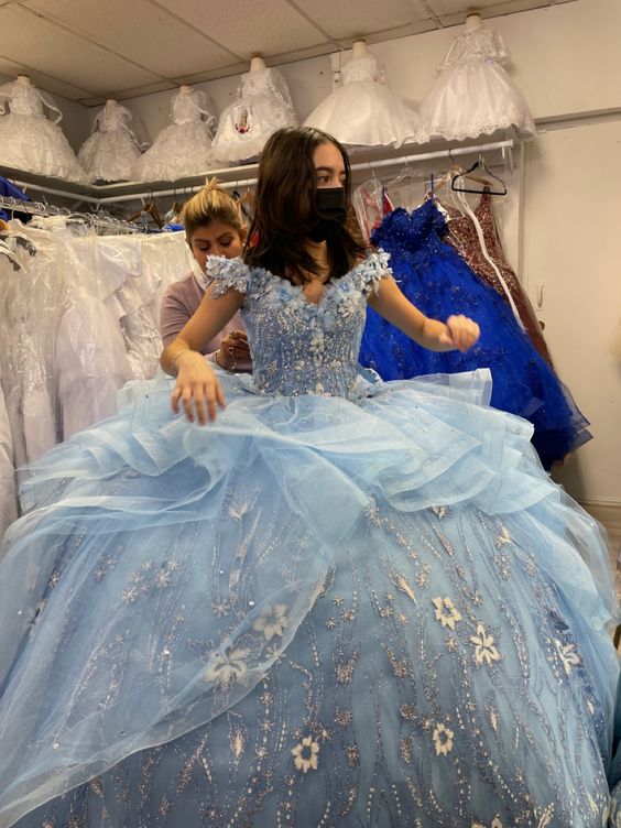 Off The Shoulder Blue Ball Gown Puffy Sweet 16 Dress c3281