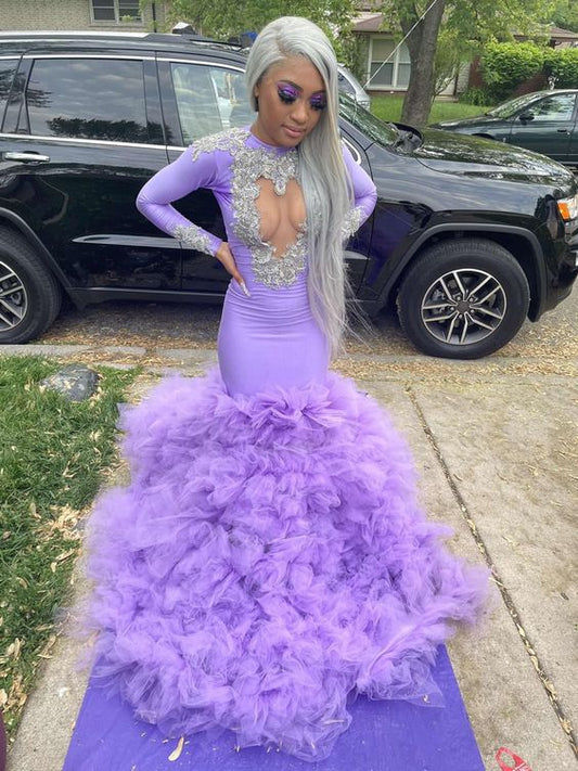 Lilac Mermaid Prom Dress With Long Sleeves  cc346
