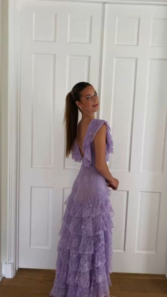 Purple Lace Long Prom Dress Backless Evening Dress Stunning Prom Dress cc361