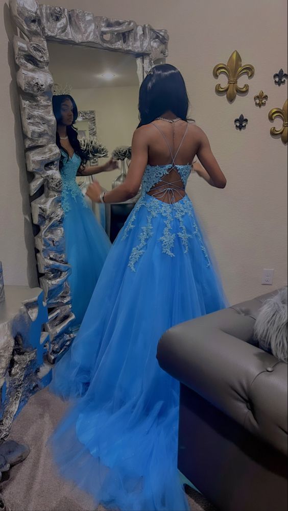 A-line Blue Tulle Lace Prom Dress Graduation Dress cc342