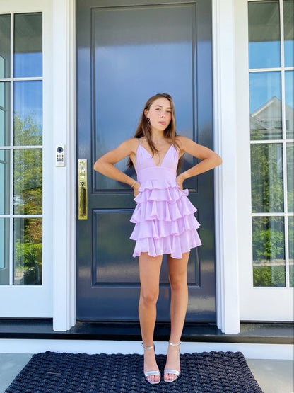 A-line V Neck Light Lavender Short Homecoming Dress  Layered Cute Homecoming Dress cc359