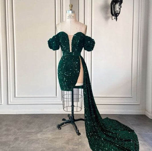 Green sequins short party dress, birthday dress with train cc353
