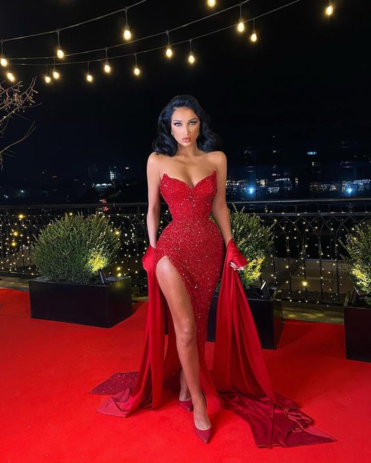 Red Sequins Mermaid Prom Dress Shiny Evening Dress With Side Slit cc336