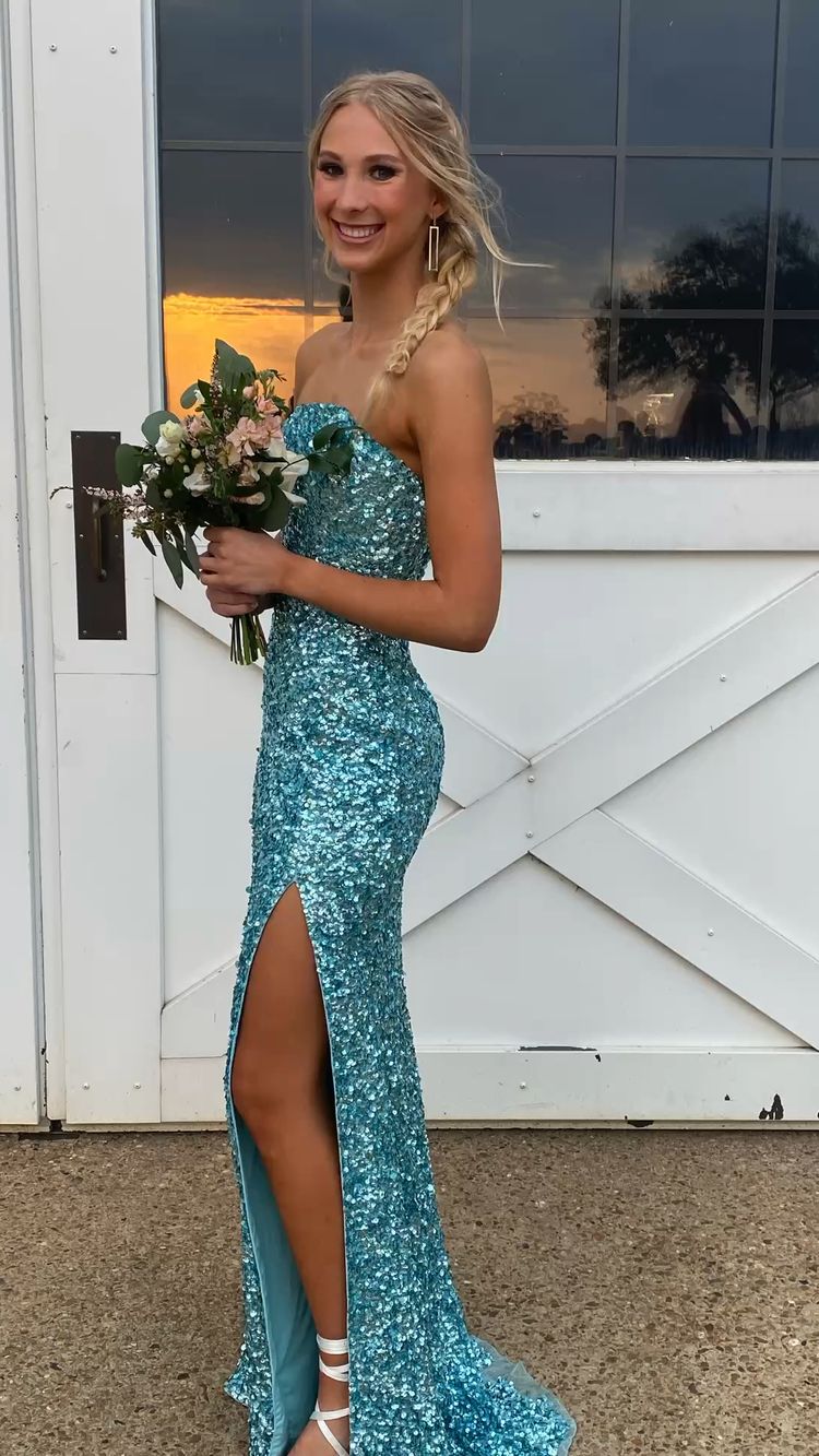Strapless Sequins Long Prom Dress With Side Slit Sparkly Evening Dress  cc367