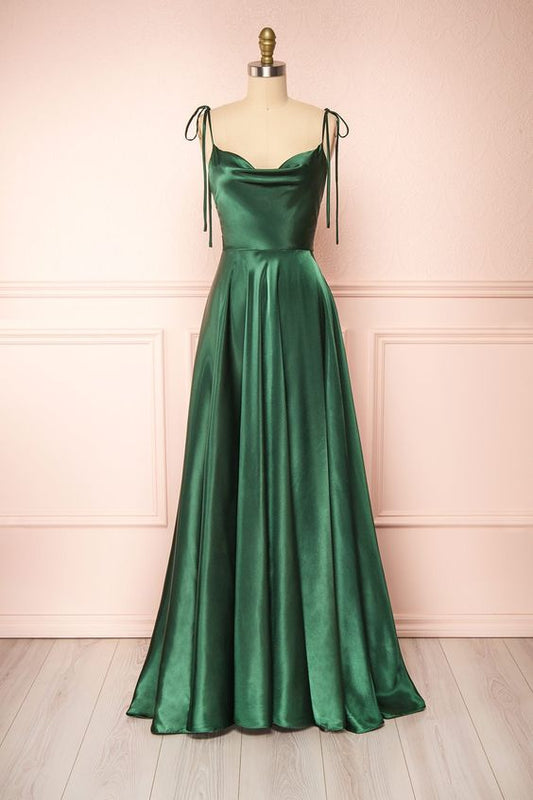 Green Cowl Neck Satin Simple Prom Dress cc414