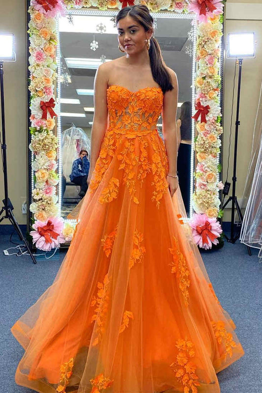 Orange Strapless A-Line Prom Dress with Appliques cc453