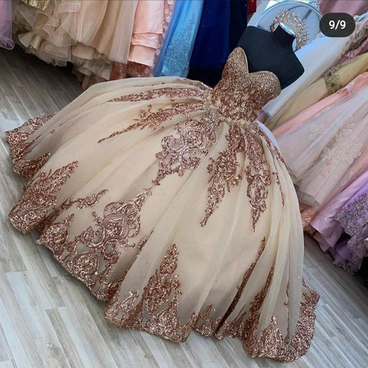 Rose Gold Sweetheart Puffy Princess Ball Gown Sweet 16 Dress Beaded Applique Quinceanera Dresses cc406