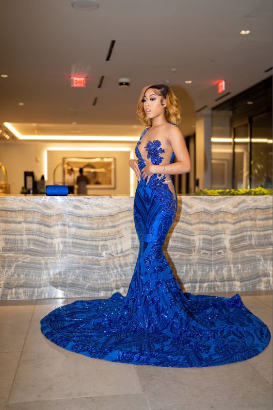 Royal Blue Mermaid Long Prom Dress With Train Sexy Evening Dress  cc402