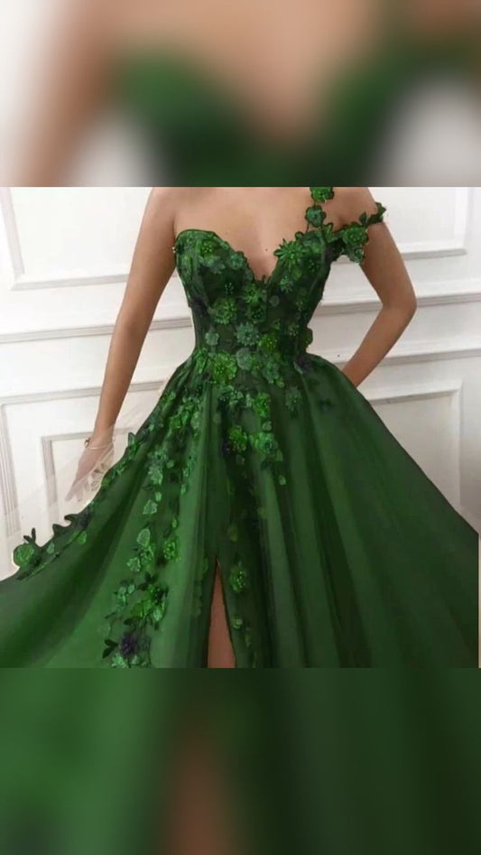 Irregular Shoulder Straps Emerald Green Prom Dress  Flowers Appliques Evening Dress cc418