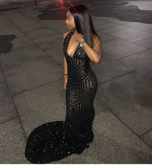 Sexy Mermaid Prom Dress Sequins Black Girl Prom Dresses cc408