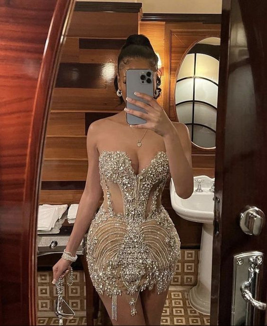 Luxurious Beaded Champagne Party Dress Short Sexy Club Dress cc409