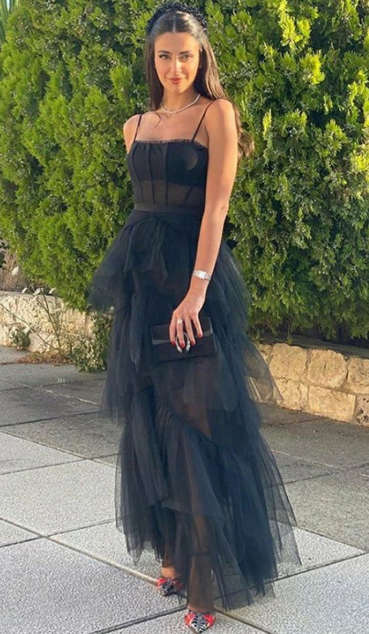 Spaghetti Strap Mesh Corset Gown Long Prom Dress Black Evening Dress cc425