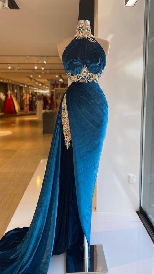 High Neck Velvet Evening Gown Stunning Prom Dress With Appliques cc465