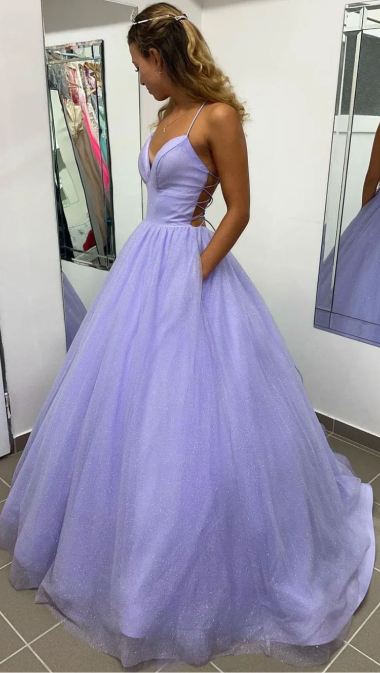 Purple V-neck tulle long prom dress evening dress cc469