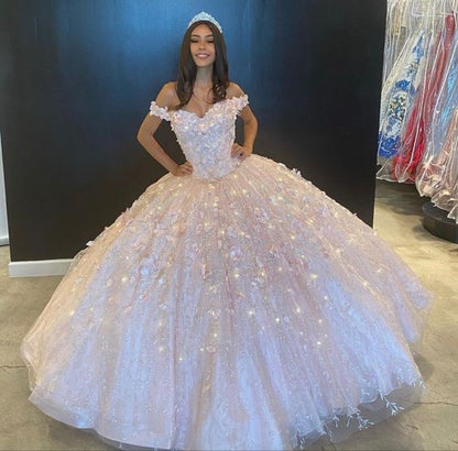 Off The Shoulder Pink Ball Gown Sweet 16 Dress  cc410