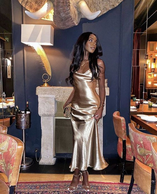 Silk Satin Simple Prom Dress Gold Evening Dress cc372