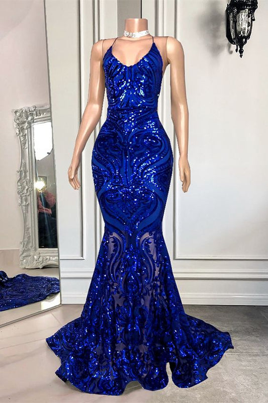 Spaghetti-Straps Royal Blue Long Mermaid Prom Dress With Sequins cc389