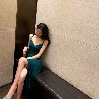 Simple Prom Dress Spaghetti Straps Prom Dress with Slit Backless Party Dress C2323