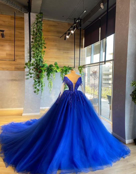 long sleeve royal blue prom dresses ball gown lace applique beaded vintage tulle elegant princess prom gown C2241