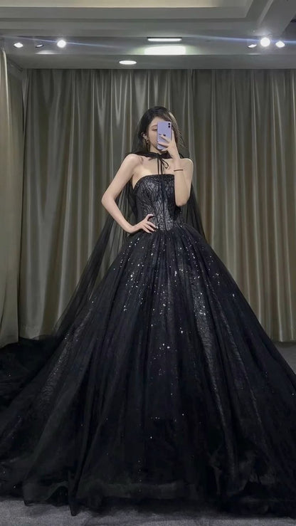 Gorgeously Gothic Prom Dress Black Strapleless Evening Dress Magic Girl's Dress C2454
