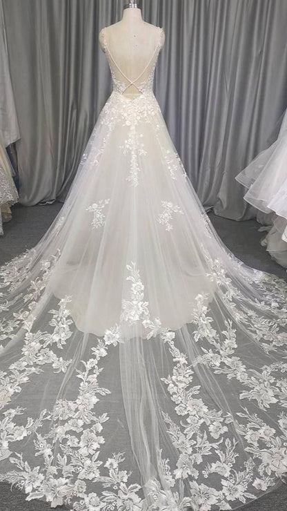 Spaghetti Long Lace Prom Dresses, Romantic Wedding Dresses A-line Wedding Dresses C2424