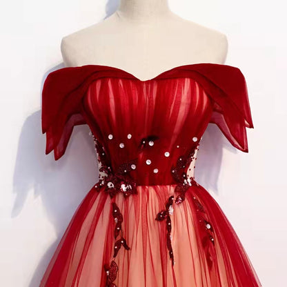 Burgundy off shoulder tulle long prom dress burgundy formal dress C2344