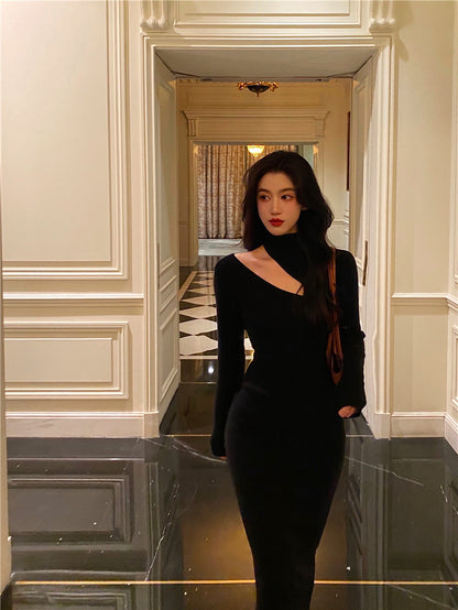 Black Sexy Off Shoulder Dress Women Vintage Elegant Highneck All Match Long Sleeve Bodycon Dresses Femme Party Dress Black Prom Dress c2477
