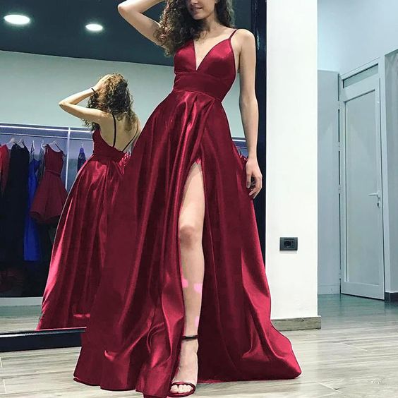 Sexy Side Slit Backless Spaghetti Straps A-line Long Evening Prom Dresses C1666