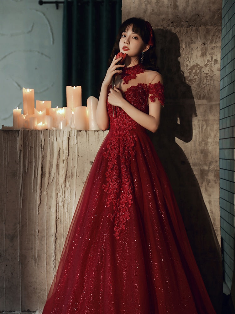 Luxury Burgundy High Neck Beading Evening Dress C2360