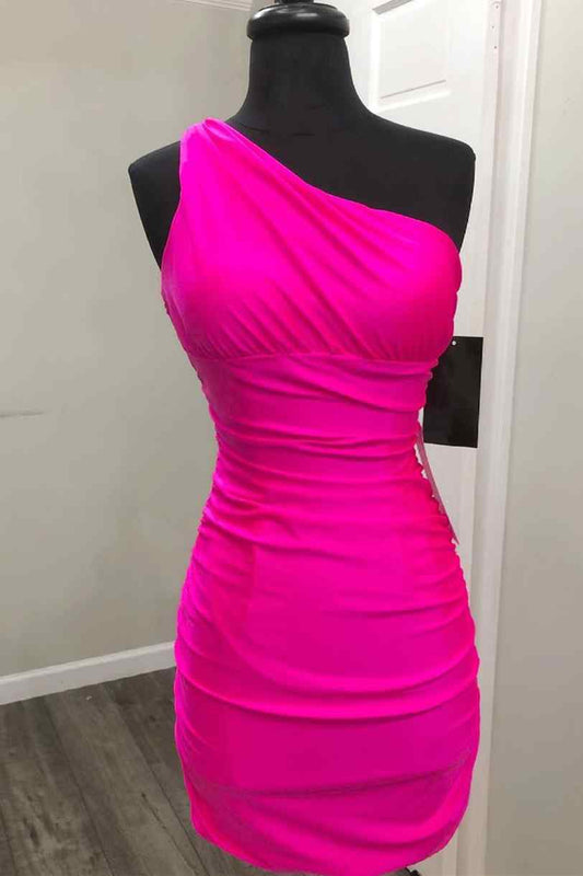 One Shoulder Hot Pink Tight Homecoming Dress c3116