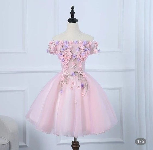 Off the shoulder Pink Short Homecoming Dress With Flowers c3150