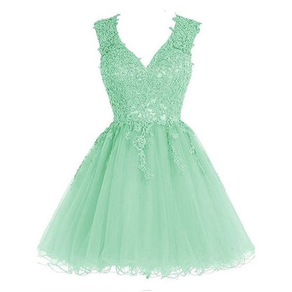 Mint Green V Neck Lace Top Homecoming A-line Back to School Dress  c3149