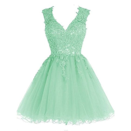 Mint Green V Neck Lace Top Homecoming A-line Back to School Dress  c3149