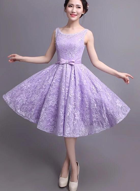 Beautiful Light Purple Lace Knee Length Wedding Party Dress, Round Neckline Short Prom Dress c3171
