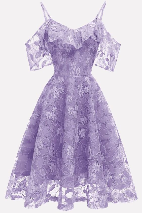 Light-purple Ruffles Lace Cold Chic Shoulder Chic A Line Homecoming Dress c3148