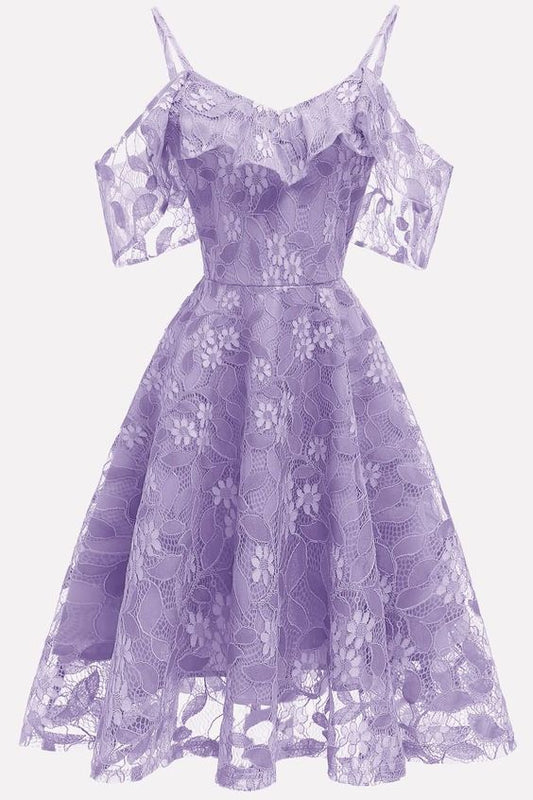 Light-purple Ruffles Lace Cold Chic Shoulder Chic A Line Homecoming Dress c3148