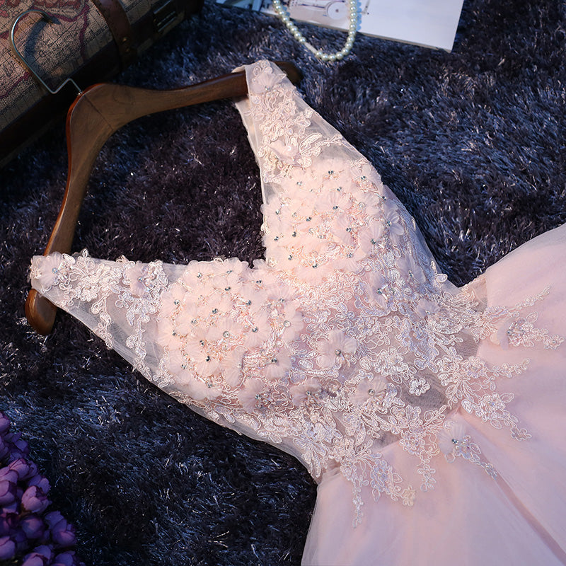 Pink A-line V-neck sequins lace short prom dress,homecoming dress,party dress c3214
