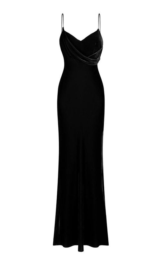 Draped Silk Velvet Black Prom Dress Spaghetti Straps Evening Dress c2526