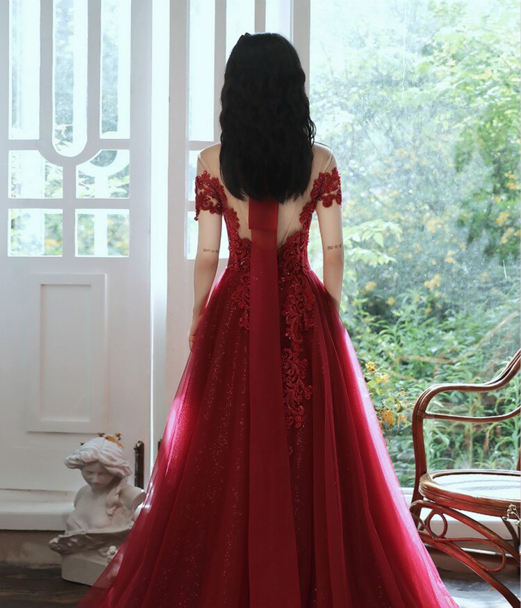 Luxury Burgundy High Neck Beading Evening Dress C2360