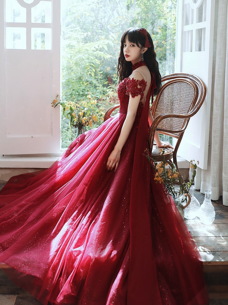 Luxury Burgundy High Neck Beading Evening Dress C2360