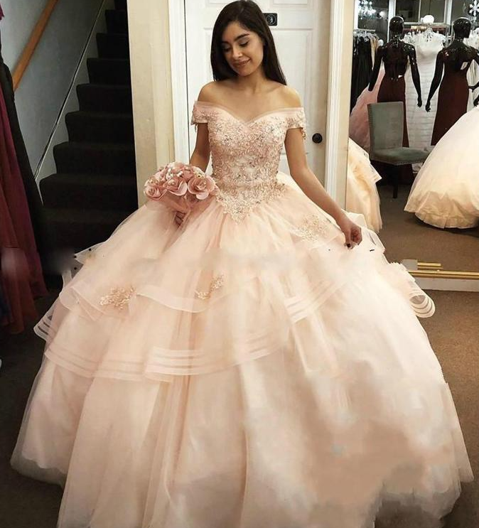 Sweet 16 Dresses Bead Ball Gowns Quinceanera Dresses Off The Shoulder Ruffle Tiered Puffy Prom Dresses  C1922