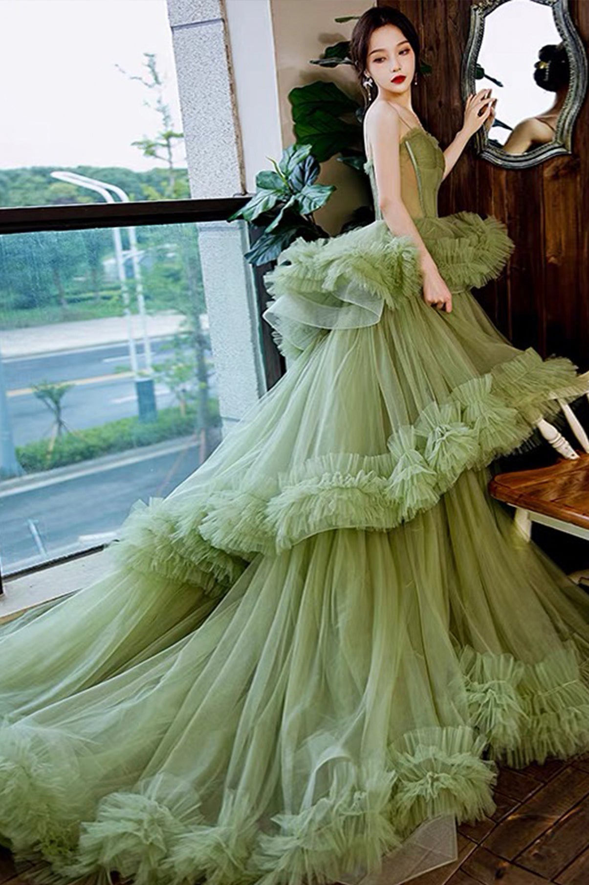 Green tulle long A line prom dress green evening dress C2035