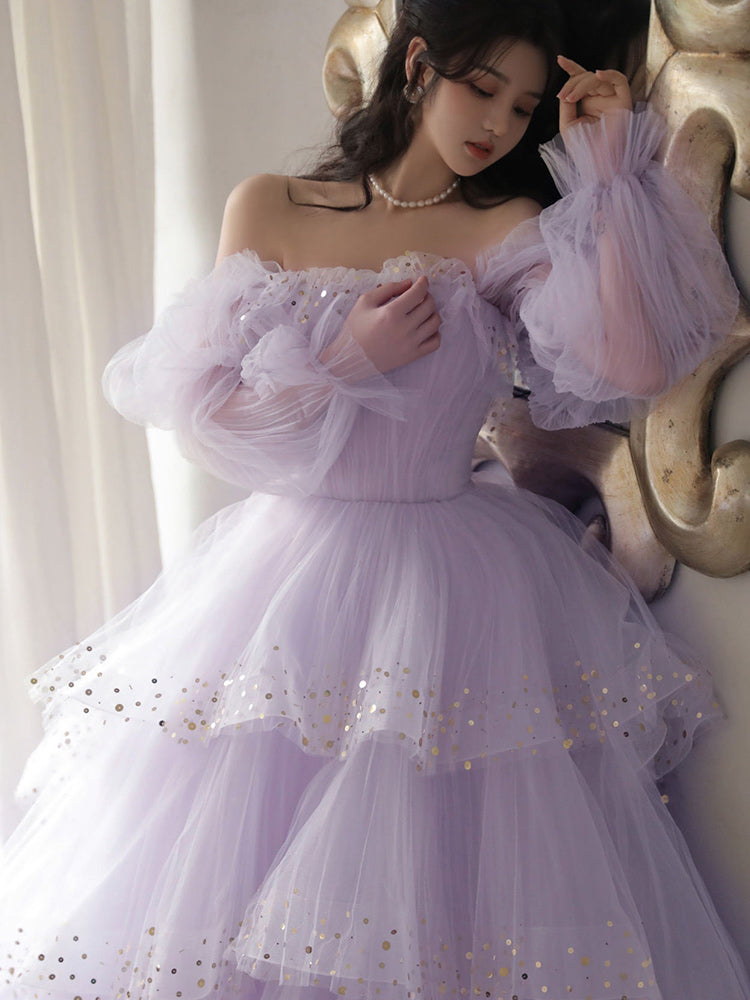 Light Purple Tulle Layers Ball Gown Princess Formal Dresses, Long Sweet 16 Dresses C2250