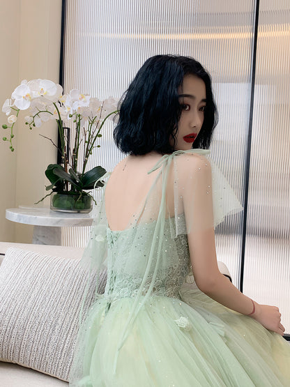 Light Green Tulle with Lace Cap Sleeves Long Evening Dress, Beautiful Green FormaL Dresses C2034