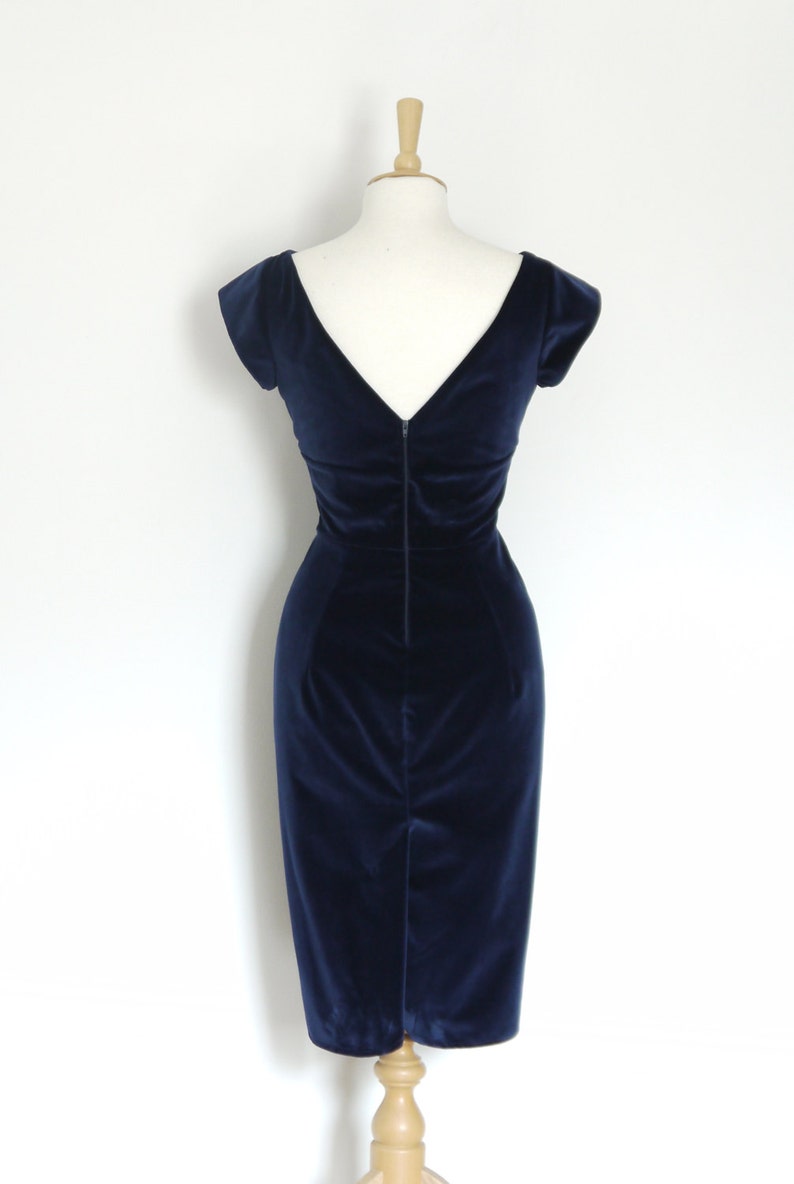 Midnight Blue Velvet Classic Pencil Dress Simple Party Dress C2230