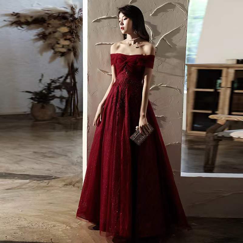 Burgundy tulle sequins long prom dress evening dress C2095