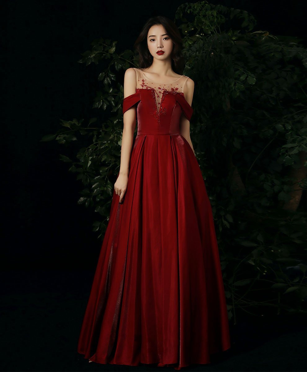 Burgundy round neck beads long prom dress burgundy evening dress C1727