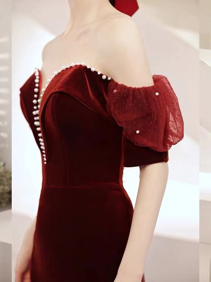 Burgundy party dress,off shoulder evening dress,velvet mermaid long prom dress,backless sexy formal dress,custom made  C2094